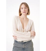 Chuba Kadın V Yaka Ajur Desenli Önde İp Bağlamalı Standart Fit Triko Hırka Vanilya 25W3008