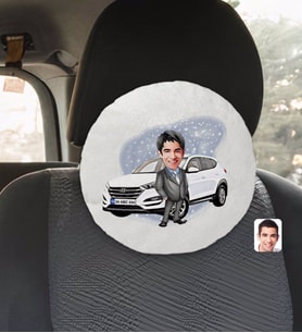 BK Gift Kişiye Özel Plakalı Erkek Hyundai Tucson Karikatürlü Yuvarlak Araç Koltuk Yastığı-1