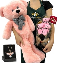 Kişiye Özel 3'lü Peluş Ayıcık Buketi, Renkli Anka Kuşu Kolye ve Pembe Peluş Ayıcık (Model 5)