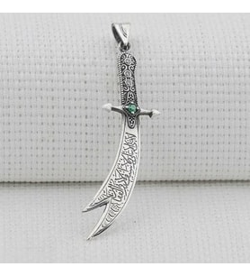 Yeşil Taşlı Zulfikar 925 Ayar Gümüş Erkek Kolye