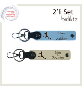 Erkek Sevgiliye FUTBOL Temalı Hediye, İsme Yazılabilir Deri Anahtarlık Seti, Gök Mavi-Sütlü Kahve