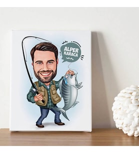 Balıkçı Erkek Karikatürlü Kanvas Tablo