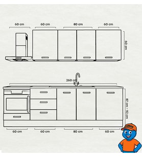 260 cm Mutfak Dolabı  MDF Kapak Tezgah Dahil YRKN260 101 (Kırmızı)