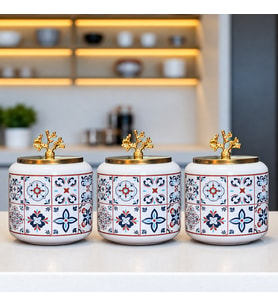 Baharatlık 3 lü Oval Büyük Boy Kahve Köşesi Seti 1400 ml (Çay,Kahve,Şeker) Ceramic Desen Gold