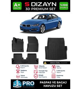 S-Dizayn Bmw 3 Serisi F30 3D Pro Havuzlu Paspas ve Bagaj Havuzu Seti (2'li SET) 2012-2019 A+ Kalite