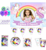 Unicorn Afiş Hediyeli Doğum Günü Süsleri Masa Seti Parti Seti Full Set 8 Kişilik Fotoğraflı-