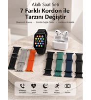 Bluetooth Görüşme Destekli Akıllı Saat Seti Kablosuz Kulaklık, 7 Kordon ve Çoklu Spor Modu