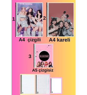 blackpink 3 adet defter seti A4 büyük boy 72 sayfa çizgili_kareli + A5 çizgisiz defter seti