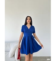 Kadın Kruvaze Yaka Kısa Kol Mini Kloş Elbise (Mavi)