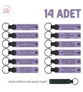 Eğitim Platformu Katılımcılarına, 14'lü Set, İsimli Deri Anahtarlık Hediyesi, Mor Menekşe & Siyah (Lila - Mor)