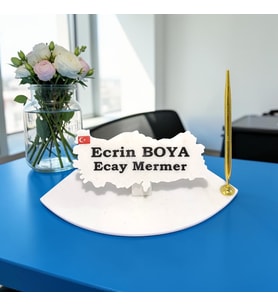 Sümen Ofis Doğal Beyaz Mermer İsimlik Haritalı Gold Tek Kalemli