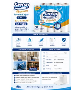 Senso Premium Tuvalet Kağıdı 3 Katlı 32'li x 2 Paket 64 Rulo