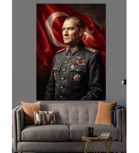 Atatürk Al Bayrak Önünde Üniformalı Dekoratif Kanvas - Mdf Ahşap Tablo