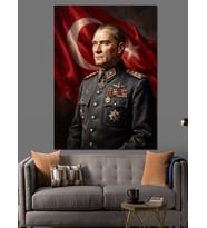 Atatürk Al Bayrak Önünde Üniformalı Dekoratif Kanvas - Mdf Ahşap Tablo