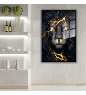 Metal Çerçeveli Cam Tablo Şimşekli Gold Aslan Portresi (Siyah)