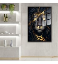 Metal Çerçeveli Cam Tablo Şimşekli Gold Aslan Portresi (Siyah)