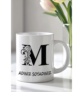 Kişiselleştirilebilir M Harfi Tasarımlı 330ml Baskılı Beyaz Seramik Kupa Bardak (Siyah Beyaz Baskili)