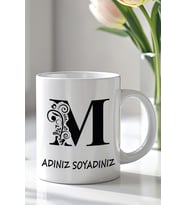 Kişiselleştirilebilir M Harfi Tasarımlı 330ml Baskılı Beyaz Seramik Kupa Bardak (Siyah Beyaz Baskili)
