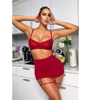 Mulvxbrf Brf02 Bordo Tül Etekli Jartiyer Detaylı Gecelik Takım Kadın İç Giyim (Mulvix)
