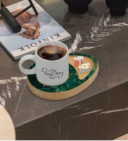 BK Gift Kişiye Özel Mermer Tasarımlı Doğal Ahşap Tabaklı Türk Kahvesi Fincanı Sunum Seti Model 10
