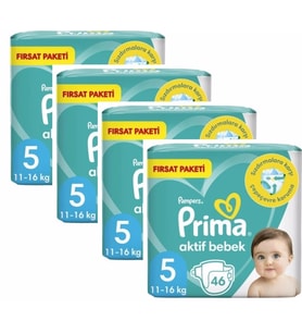 Prima Bebek Bezi Aktif Bebek 5 Beden 184 adet (46x4 Paket) Junior Fırsat Paketi