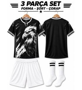 Beşiktaş Siyah- beyaz Beyaz Şort Kartal Desen Çocuk Futbol Forması Takımı 3 Parça Forma+Şort+Çorap