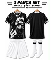 Beşiktaş Siyah- beyaz Beyaz Şort Kartal Desen Çocuk Futbol Forması Takımı 3 Parça Forma+Şort+Çorap