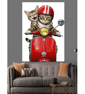 Kırmızı Vespa Scooter Kedi Dekoratif Kanvas - Mdf Ahşap Tablo