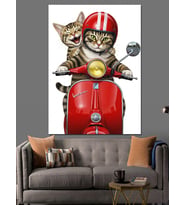 Kırmızı Vespa Scooter Kedi Dekoratif Kanvas - Mdf Ahşap Tablo