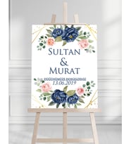 Söz Nişan Düğün İçin 50x70 Karşılama Panosu - Mavi Gül Desenli