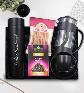 Kişiye Özel 500 ML Siyah Dereceli Termos & Siyah French Press & Siyah Fincan & Colombia Filtre Kahve & Beta Tea Karışık Meyve Bitki Çayı Hediye Seti