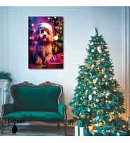 Tekli Dikey Kanvas Duvar Tablosu Yılbaşı Hediyesi Noel Baba Kostümlü Poodle
