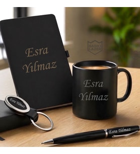 İsme Özel  Kupa Bardak, Defter, Kalem, Anahtarlık  Premium Tasarım Erkek Kadın Hediye Seti (Model 2)