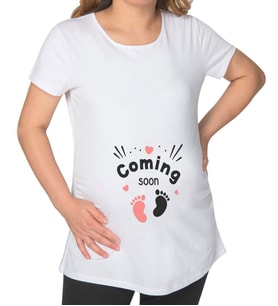 BK Gift Coming Soon Tasarımlı Beyaz Hamile Tişört-3, Hamile Giyim, Eşe Hediye