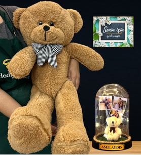 Size Özel İsimli Premium Set - Büyük Boy Kahve Peluş Ayıcık ve İsimli 3 Fotoğraflı Led Işıklı Fanus (Model 1)