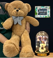 Size Özel İsimli Premium Set - Büyük Boy Kahve Peluş Ayıcık ve İsimli 3 Fotoğraflı Led Işıklı Fanus (Model 1)