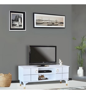 Lena Tv Sehpası Beyaz 2 Kapaklı Gold Halkalı Kulplu Yerden Yüksek 130x36x50 Cm