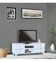 Lena Tv Sehpası Beyaz 2 Kapaklı Gold Halkalı Kulplu Yerden Yüksek 130x36x50 Cm