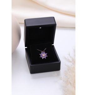 Işıklı Kolye Kutulu Gümüş Kalpli Lotus Çiçeği Kolye  925 Ayar Gümüş Kolye (Mor)