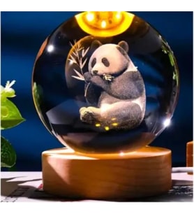 Dekoratif Panda Tasarımlı Ahşap Altlıklı Işıklı Cam Küre Büyük Boy Cam:8cm Ahşap:2cm