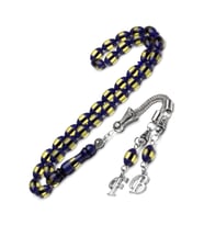 Erkek 7x11mm Harf Püskül Sarı Lacivert Sürmeli Toz Kehribar Tesbih (Çok Renkli)
