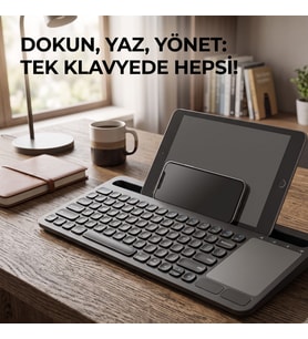Kablosuz Klavye ve Touchpad Mouse Bir Arada, Telefon Tablet Standlı Ultra İnce Bluetooth Klavye