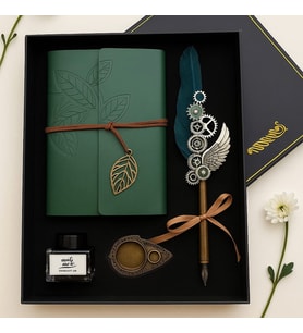 Kişiye Özel Yeşil Renk Divit Hokka Defter Ve Tüylü Kalem Seti