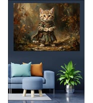 Şık Giyimli Modern Kedi Portresi Dekoratif Kanvas - Mdf Ahşap Tablo