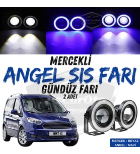 Ford Courier 2014-2023 Uyumlu Üniversal Mercekli Angel Sis Farı Metal 76 mm Mavi Halkalı Gündüz Farı