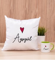 Kişiye Özel İsim Yazılı Minik Kalpli Kare Yastık ve Yeşil Kupa