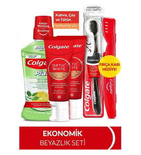 Colgate Optic White Kahve, Çay Kullananlar 50Ml 2'Li Diş Macunu, Orta Diş Fırçası, Ağız Bakım Suyu 500Ml+Fırça Kabı