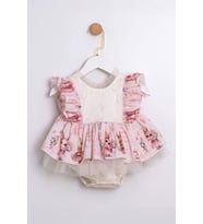 Miniğimin Cicileri Vintage Tavşan Baskılı Fırfır Detaylı Tül Kız Bebek Elbise - Pudra