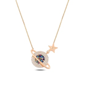 Mix Taşlı Rose Yıldızlı Satürn Model 2 Gümüş Kadın Kolye Gklstrnmdl2-ros