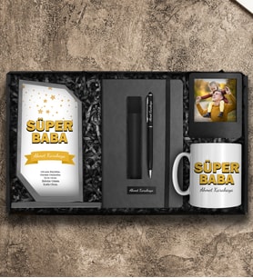 Babalar Gününe Özel Cam Plaket & Defter & Deri Kılıflı Touch Pen Kalem & Kupa & Çerçeve Hediye Seti
